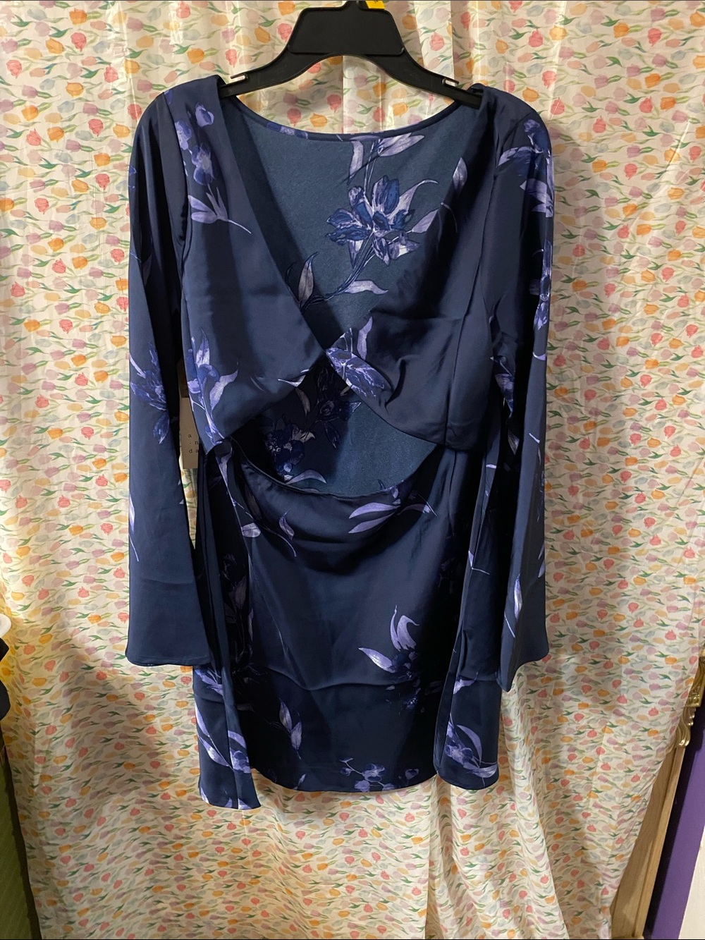 Blue Floral Satin Wrap Dress with Blue Lilac Prints with open front